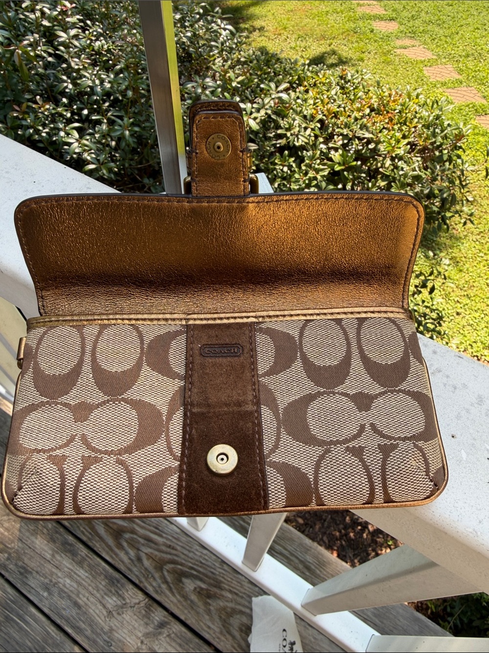 COACH Metallic Gold Signature Buckle Clutch Wallet - Picture 9 of 12